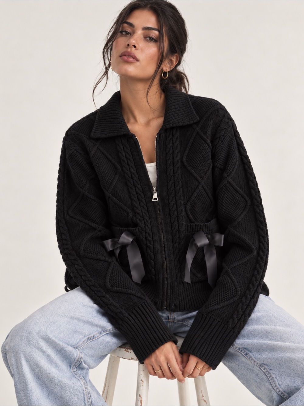 #777 Black Cable-Knit Zip Front Sweater with Ribbon Detail
